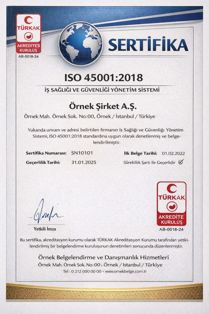 kartal iso 45001 belgesi danışmanlık türkak onaylı örnek sertifika